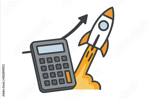 Calculator and launching rocket symbolizing financial success and rapid business growth
