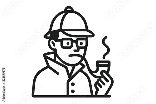Fictional detective character wearing a deerstalker hat and trench coat smoking a pipe