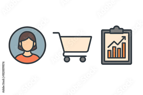E-commerce marketing data icons showing customer profile, shopping cart, and business analytics chart