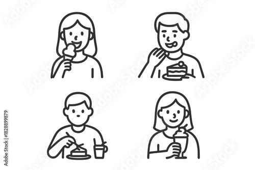 Four diverse people happily eating sweet desserts including ice cream, cake, and milkshakes