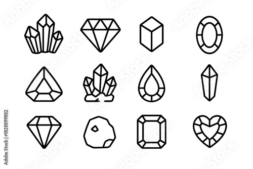Faceted diamonds, raw gems, and crystal clusters represented by outline shapes