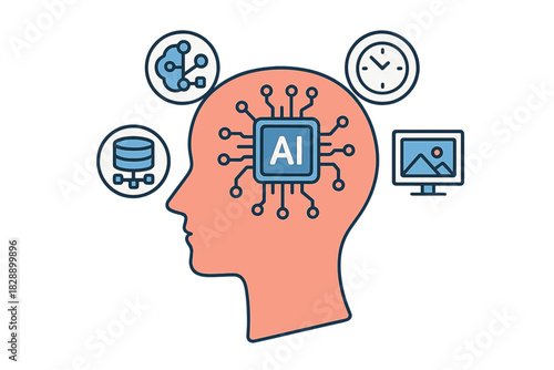 Human head silhouette with processor chip symbolizing machine learning and cognitive computing