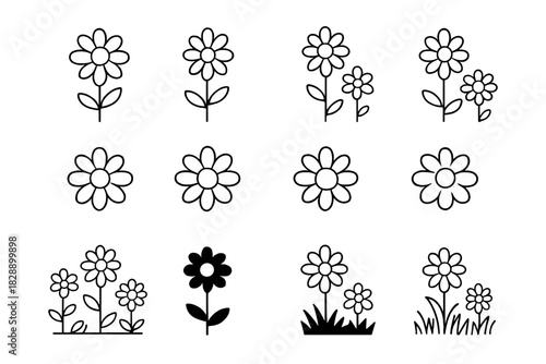 Minimalist black and white line art set of simple daisy flowers and small floral arrangements