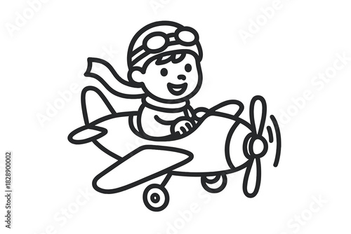Happy cartoon kid pilot flying small vintage propeller airplane wearing goggles and scarf