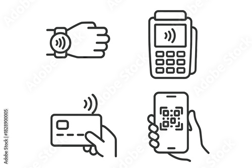 Set of digital transaction symbols for contactless payment using smartwatch, card, terminal, and mobile phone