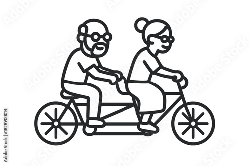 Elderly couple riding a tandem bicycle together enjoying active retirement leisure time