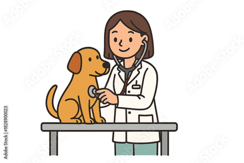 Female veterinarian performing health checkup on happy dog patient in clinic