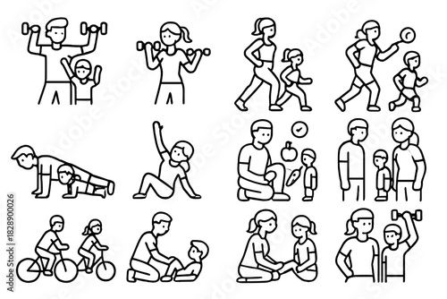 Parents and children engaging in various fitness activities promoting a healthy lifestyle