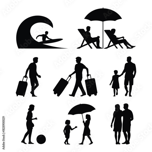  people enjoying summer vacation set. Silhouette illustrations of people enjoying summer vacation activities on the beach