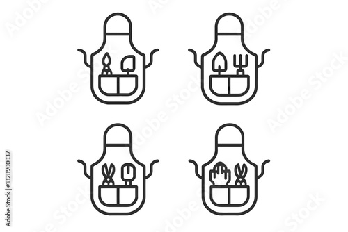 Four line drawings of gardening aprons filled with various essential tools and equipment