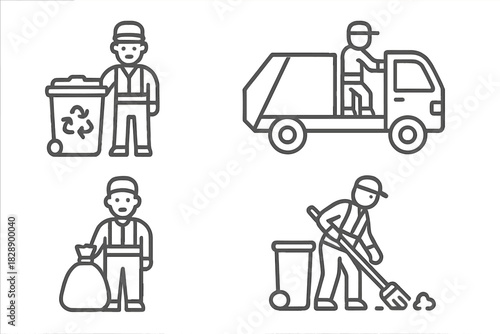 Garbage collectors, recycling bins, sanitation trucks, and street sweeping activities