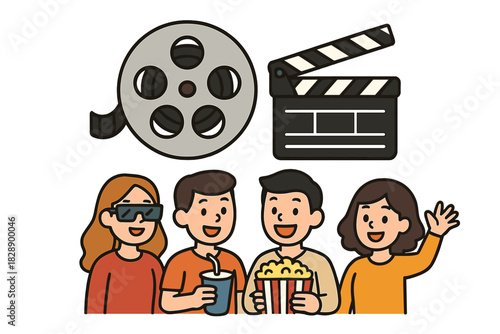Group of happy friends watching a movie with popcorn and drinks near film production symbols