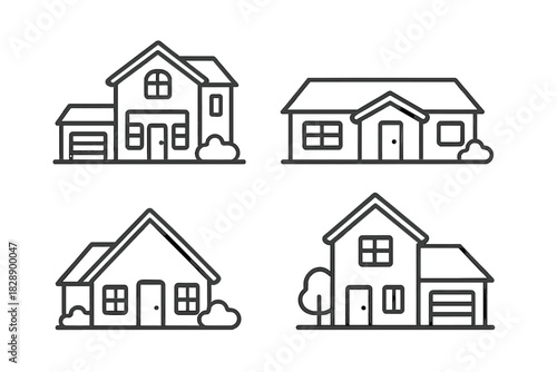 Minimalist black line art depicting various suburban residential buildings and homes
