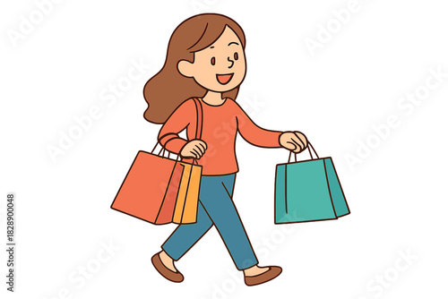 Cheerful female shopper walking happily while carrying colorful paper bags