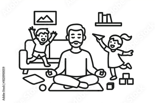 Father meditating peacefully while energetic children play around him in the living room