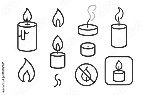 Minimalist icons representing candles, flames, smoke, and fire safety warnings