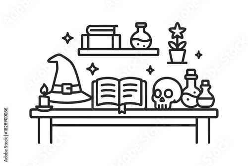Halloween magic setup featuring a witch hat, skull, open spell book, candle, and potion flasks