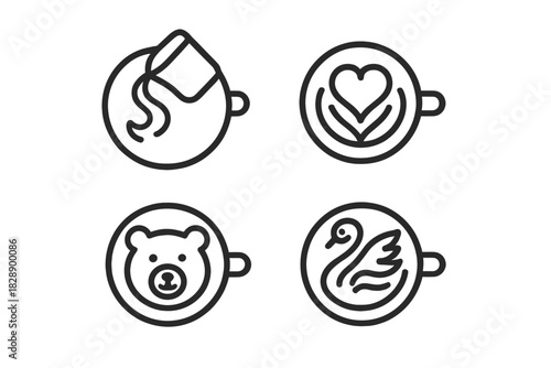 Outline icons of various latte art designs including heart, bear, and swan shapes