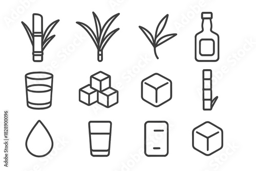 Outline symbols representing sugarcane, rum, sugar, and related alcohol products