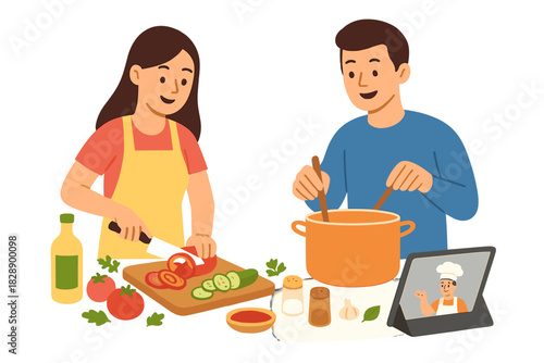Couple cooking together in the kitchen following an online recipe tutorial on a tablet