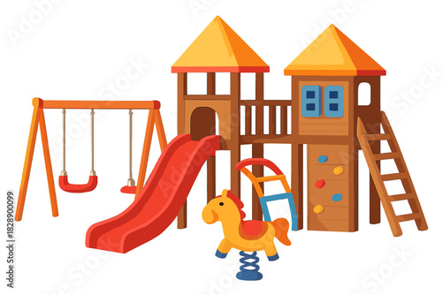 Wooden playground structure with red slide swings climbing wall and spring horse toy