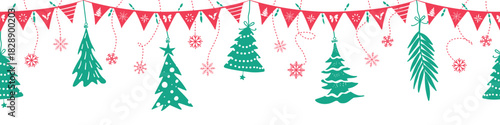 Header seamless pattern for Christmas and New Year festival with cute doodle party flags and Christmas trees in silhouette red and green color tones on a transparent background.