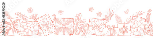 Horizontal seamless pattern for Christmas and New Year festival with cute gifts and festive decorations in red outline on a transparent background.