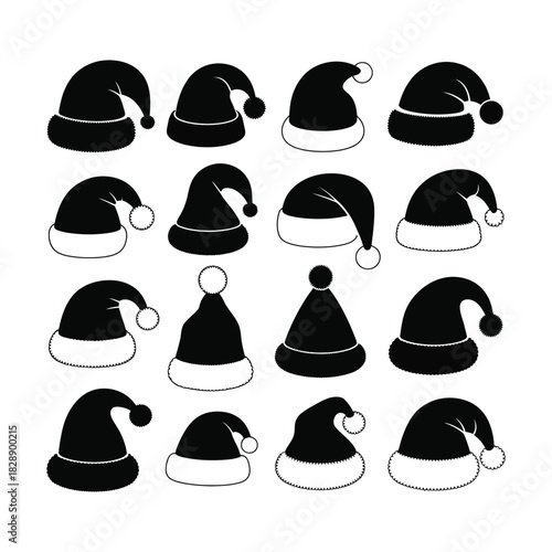  santa hat silhuette icon set. set of santa silhuette icon. Collection of black santa hats in various styles for christmas