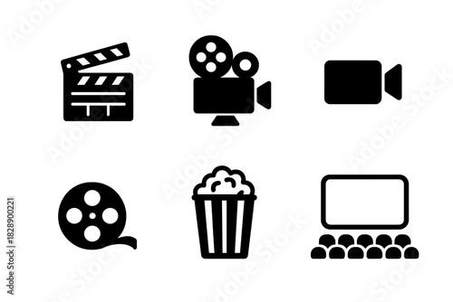 Collection of black glyph icons representing film production, cinema, and video content creation