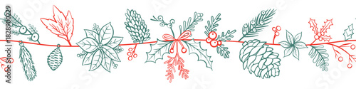 Horizontal seamless pattern for Christmas and New Year festival with cute garland and festive decorations in red and green outline on a transparent background.