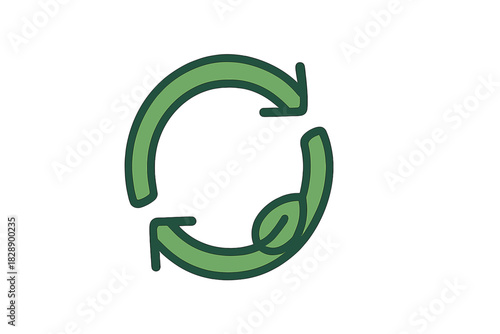 Green circular arrows symbol with leaf representing ecological recycling and environmental sustainability
