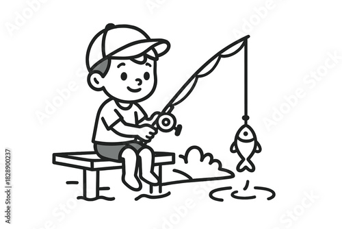 Young boy wearing a baseball cap sitting on a wooden dock fishing with a rod and reel catching a fish
