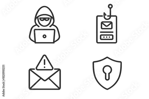 Cybersecurity and hacking symbols showing phishing, hacker, warning email, and security shield