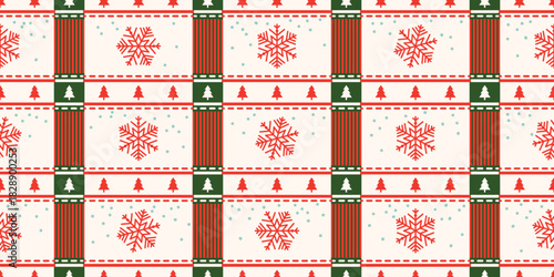 Seamless pattern for Christmas and New Year festival with snowflakes and Christmas trees in red and green color tones.