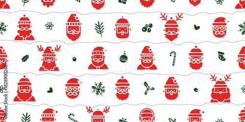 Seamless pattern for Christmas and New Year festival with cute various Santa Claus and festive elements in red and green color tones on a transparent background.