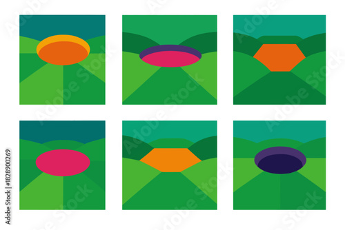 Abstract geometric landscape compositions with colorful circular and hexagonal shapes