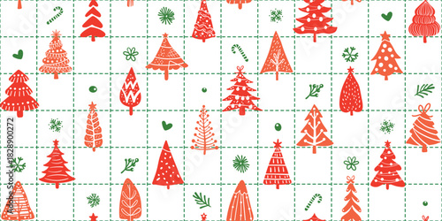 Seamless pattern for Christmas and New Year festival with cute various Christmas tree and festive elements in red and green color tones on a transparent background.