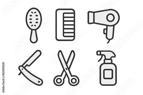 Essential grooming tools for hair salon and barber shop including scissors, comb, and razor