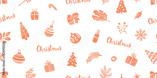 Seamless pattern for Christmas and New Year festival with cute various festive elements in pastel red color tone on a transparent background.
