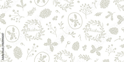 Seamless pattern for Christmas and New Year festival with cute wreath, text, and various festive elements in pastel beige color tone on a transparent background.