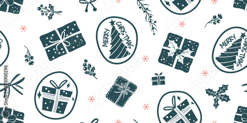 Seamless pattern for Christmas and New Year festival with cute gifts, text, and various festive elements in dark blue and red color tones on a transparent background.