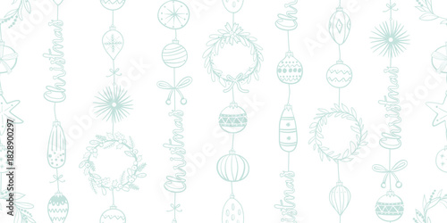 Seamless pattern for Christmas and New Year festival with cute wreath, ornaments, and various festive elements in pastel green color tone on a transparent background.