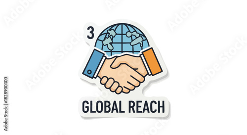 A stylized illustration depicts a handshake with a globe, symbolizing global reach and cooperation against a clean white background for business and international themes.