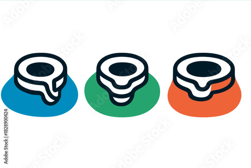 Three abstract isometric map marker symbols on contrasting colored bases