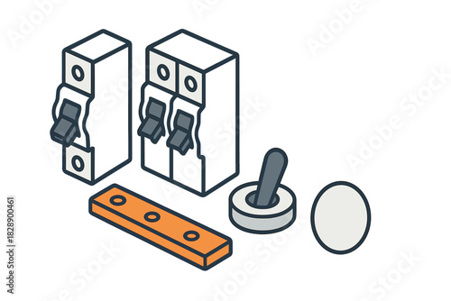 Isometric electrical components set: circuit breakers, toggle switch, and terminal block