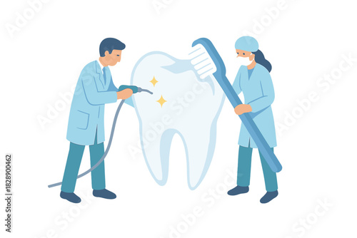 Dental professionals cleaning and polishing a giant healthy tooth with tools and a large toothbrush