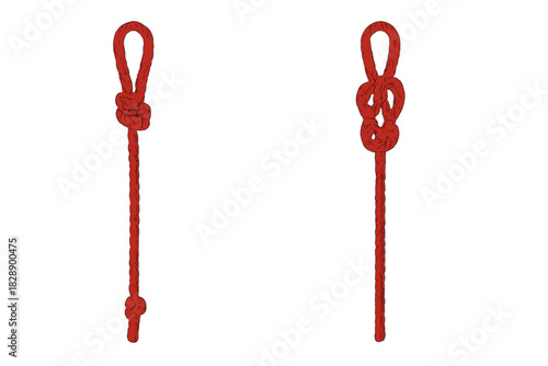 Two essential climbing knots tied in red rope, crucial for safety and security