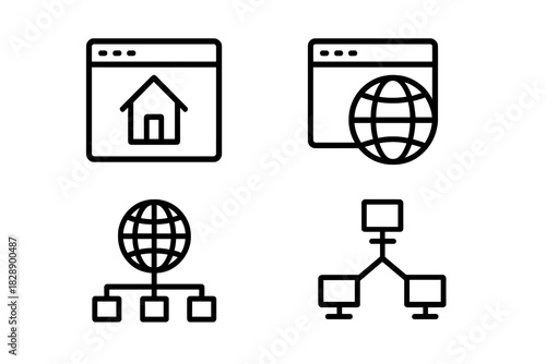 Outline icons set for internet connectivity, global communication, and computer networking