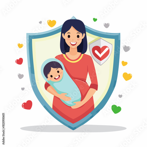 Mother holding baby shield. Vector illustration of woman protecting child. Heart symbols around. Protective motherhood concept. Family love and care. Shield icon. Vector graphic.
