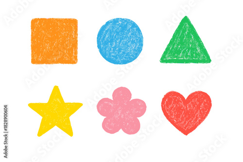 Vibrant set of basic geometric shapes and decorative elements with crayon texture
